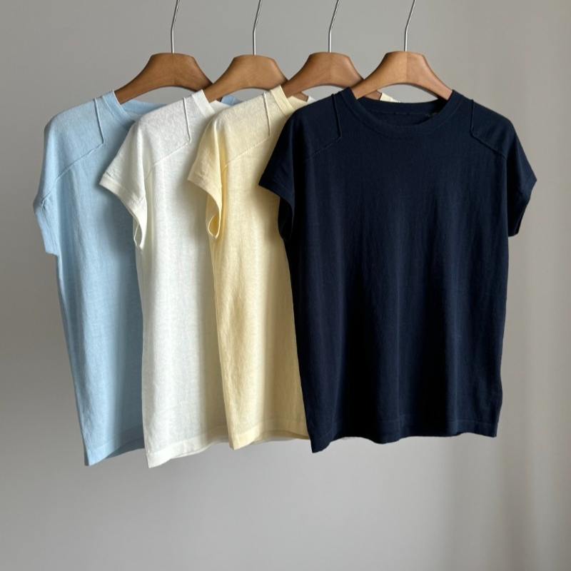 T-Shirts - Deconstructed Shoulder Line Knit Top Cotton