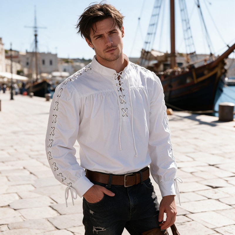 Men Medieval Pirate Lace Up Sh - Medieval Gothic Lace Up Pirate Shirt 评论和价格