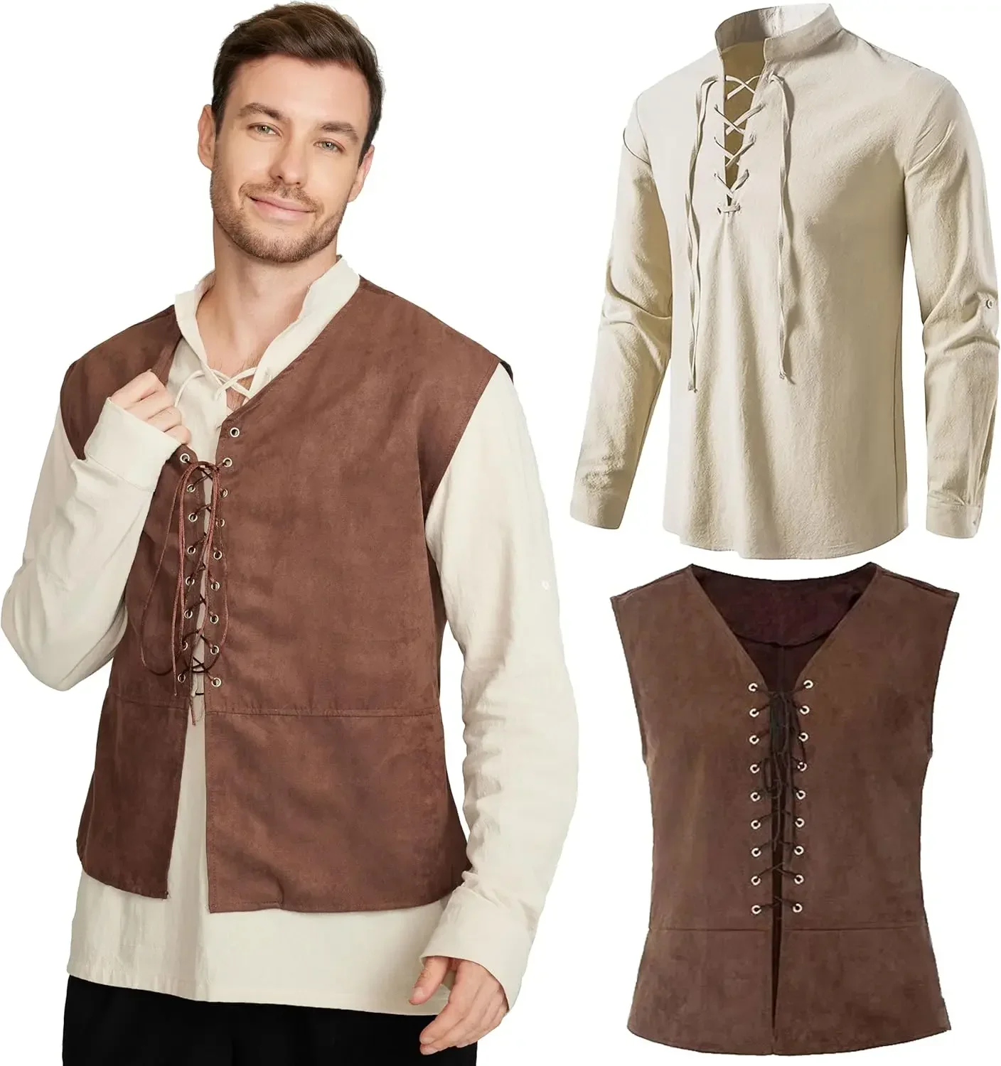 2-piece Set Men's Medieval Pir - Medieval Gothic Lace Up Pirate Shirt 评论和价格