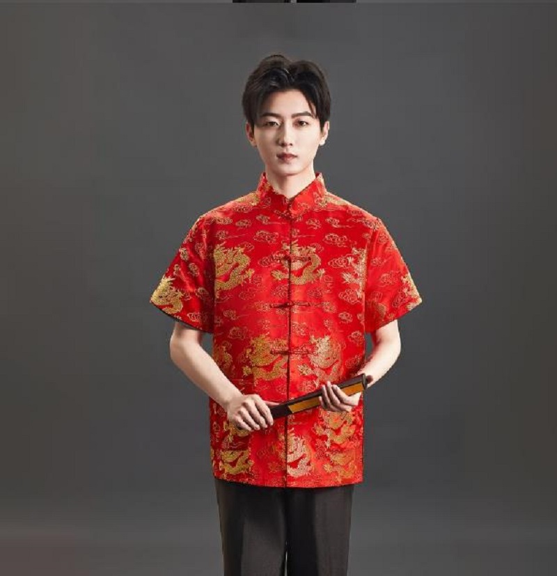 New Chinese Style Embroidery S - Mens Satin Silk Dress Shirt 评论和价格
