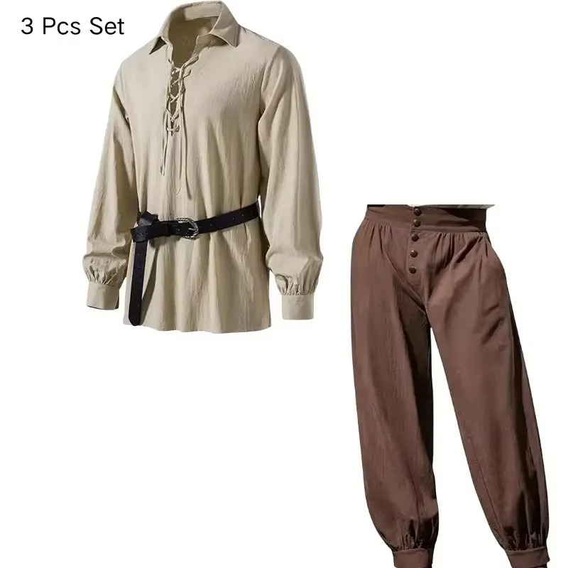 Men Medieval Viking Pirate 3 P - Medieval Gothic Lace Up Pirate Shirt 评论和价格