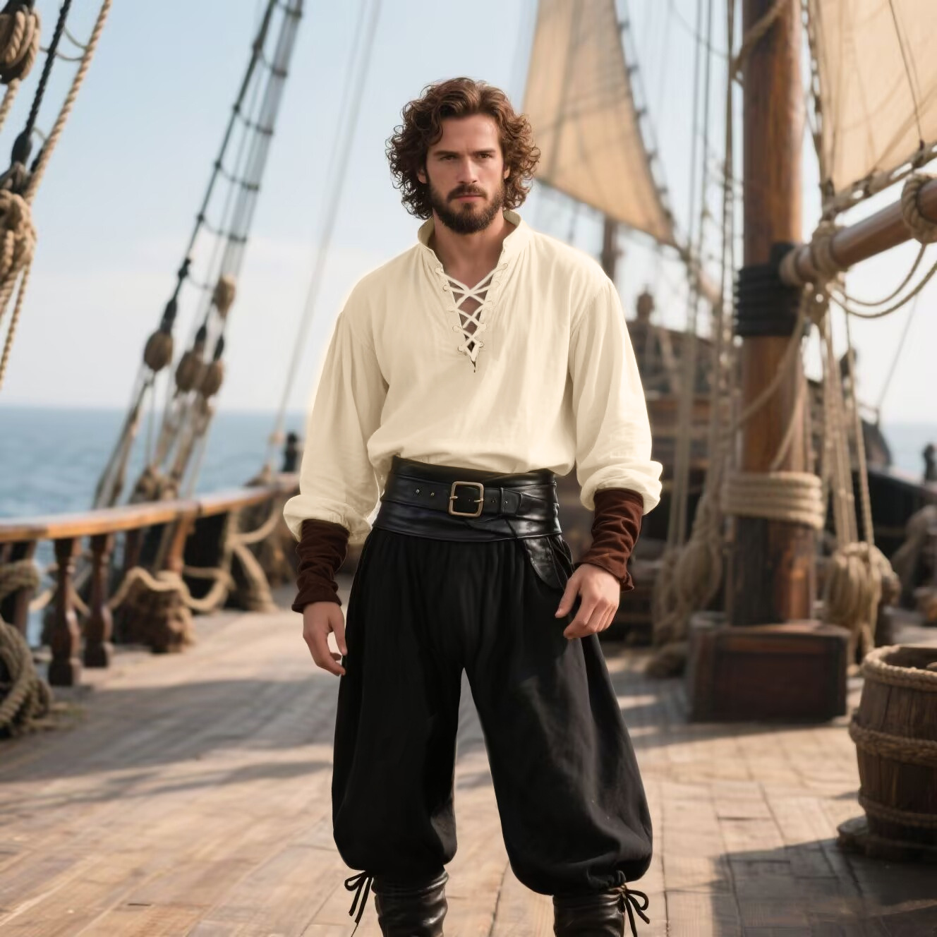 Halloween Pirate Costume Men's - Medieval Gothic Lace Up Pirate Shirt 评论和价格