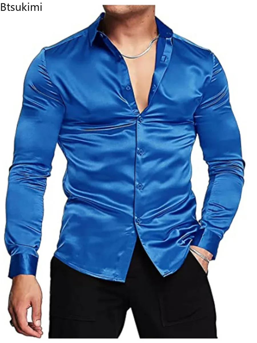 New 2026 Men's Luxurious Shiny - Mens Satin Silk Dress Shirt 评论和价格